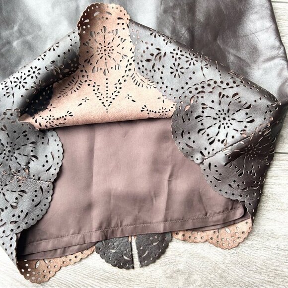 Peter Nygard Brown Buttery Leather Laser Cutout Hem Midi Skirt - Picture 4 of 13